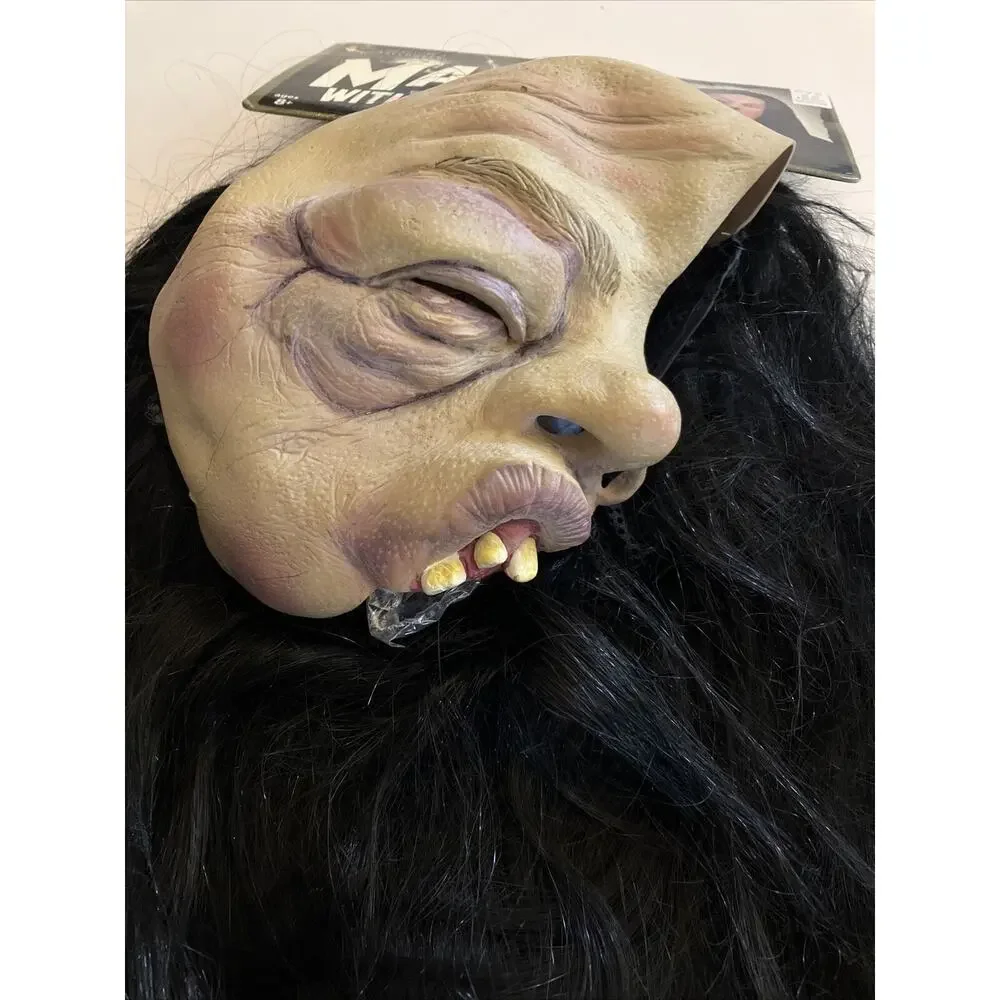 Halloween Mask NWT Vintage Latex Mario Chiodo Half Face Long Black Hair Ugly